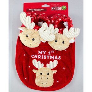 Walgreens Baby's First Christmas Bib 0-12mo and Booties 0-6mo Set Reindeer NEW